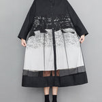 A-Line Long Sleeves Buttoned Gauze Printed Split-Joint Lapel Midi Dresses