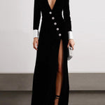 Long Sleeves Skinny Asymmetric Buttoned Shoulder Pad Split-Front Deep V-Neck Maxi Dresses