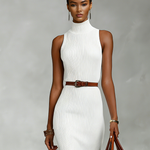 Women's Elegant White Knitted High-neck Sleeveless Fitted Midi Dress