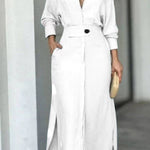 Full-Sleeve V Neck Belt Button Pocket Midi Dress