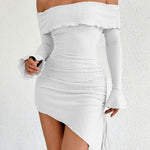 Bodycon High Waisted Asymmetric Drawstring Pleated Solid Color Split-Joint Off-The-Shoulder Mini Dresses