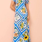 Art Blue Square Collar Print Linen Long Dresses Summer