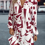 Loose Puff Sleeves Printed Split-Joint Lapel Mini Dresses Shirt Dress