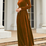Long Sleeves Wrap Belted Pleated Solid Color Zipper Round-Neck Maxi Dresses