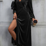 High Waisted Long Sleeves Solid Color Split-Side Tied Waist Velvet Deep V-Neck Maxi Dresses