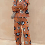 Mediterranean Art Knit Unique Sun Vortex Print Elastic Waist Wide Leg Pants