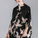 Original Crane Printed Buttoned Stand Collar Half Sleeves Blouse
