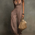 Boho-Vintage Elegant Ruffled Neck Wide-Leg Jumpsuit