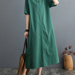 A-Line Loose Chinese Frog Buttons Pockets Solid Color Split-Side V-Neck Midi Dresses
