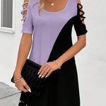 A-Line Loose Contrast Color Hollow Mesh Split-Joint Cold Shoulder Mini Dresses