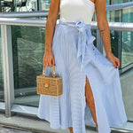 WHITE AND BLUE STRIPED MAXI DRESS WITH SLIT