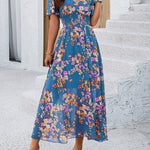 A-Line Elasticated Waist Contrast Color Flower Print Pleated Split-Joint V-Neck Maxi Dresses