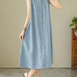 A-Line Sleeveless Buttoned Pleated Solid Color Round-Neck Midi Dresses
