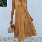 Loose Sleeveless Pleated Split-Joint V-Neck Midi Dresses
