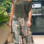 Terrace View Off Shoulder Tie Loose Top and Elastic Waist Unique Print Loose Pants Set