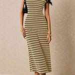 Sleeveless Contrast Color Split-Joint Striped Round-Neck Midi Dresses