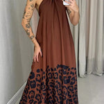 Leopard Print Sexy Halter Neck Backless Loose Maxi Dress