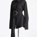 Long Sleeves Loose Belted Buttoned Lapel Mini Dresses Shirt Dress
