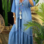 Casual Denim Washed Raw Trim V Neck Midi Dress