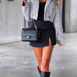 Stylish Look Houndstooth Padded Shoulder Pocket Crop Blazer Jacket