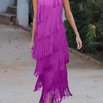 Loose Sleeveless Asymmetric Solid Color Split-Joint Tasseled One-Shoulder Maxi Dresses
