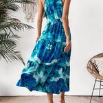 Loose Sleeveless Hollow Pleated Printed Split-Joint Tied Waist Round-Neck Midi Dresses