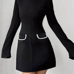 A-Line Flared Sleeves Contrast Color Pockets Split-Joint Zipper Mock Neck Mini Dresses