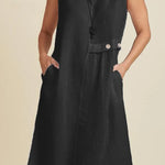 Linen Blend Solid Color Round Neck Sleeveless Loose Pocket Midi Dress