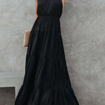 Elegant Halter Neck Tie Striped Pleated Dress