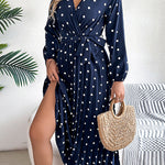 A-Line High Waisted Elasticity Pleated Polka-Dot Split-Joint Tied Waist V-Neck Midi Dresses Shirt Dress