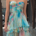Strapless Watercolor Print Tiered Maxi Dress