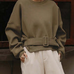Long Sleeves Loose Belt Buckle Solid Color Round-Neck Sweatshirt Tops