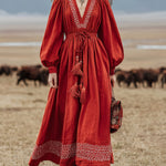 Western-style Vintage Embroidered Red Cotton And Linen Maxi Dress