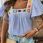 Sky Blue Striped Crochet Applique Boho Blouse
