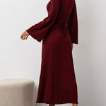 Long Sleeves Pleated Ruffled Solid Color Split-Joint Round-Neck Maxi Dresses
