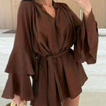 Flared Sleeves Loose Lace-Up Pleated Solid Color Split-Joint Tiered Round-Neck Mini Dresses