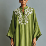 Women's Linen Blend Henley Neck Embroidered Batwing Sleeve Kaftan Maxi Dress