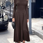 High Waisted Long Sleeves Pleated Solid Color Split-Front One-Shoulder Maxi Dresses