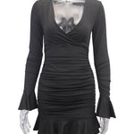 Bodycon Elasticated Waist Pleated Ruffled Solid Color Split-Joint V-Neck Midi Dresses