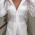 Vivi Embroidered Lace Cutout Long Sleeve Pocket Elastic Waist Loose Shirt Jumpsuit