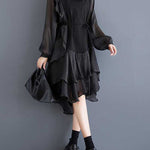 High-Low Long Sleeves Contrast Color Ruffle Trim Split-Joint Round-Neck Midi Dresses