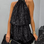 It's Time To Dance Sequin Feather Trim Halter Babydoll Mini Dress