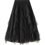 High-waisted ruffled patchwork mesh skirt