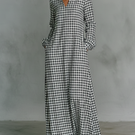 Women's Minimalist Cotton Plaid V-neck Long-sleeved Maxi Dress