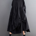 A-Line Long Sleeves Buttoned Pleated Pockets Solid Color Tied Lapel Midi Dresses Shirt Dress