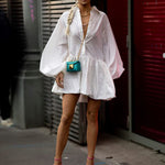 Puff Sleeves Buttoned Solid Color Split-Joint Lapel Mini Dresses Shirt Dress