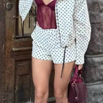Polka Dot Print Stand Collar Zip-Up Drawstring Cropped Jacket