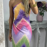 Irregular slanted shoulders blooming print slim dress