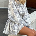 Loose Puff Sleeves Pleated Printed Split-Joint Tied Waist Stand Collar Mini Dresses