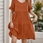 A-Line Flared Sleeves Pleated Pockets Ruffled Solid Color Split-Joint Round-Neck Mini Dresses